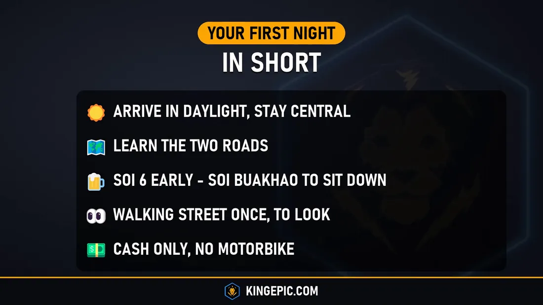 Your first night in Pattaya in short: arrive in daylight, stay central, Soi 6 early, Soi Buakhao to sit down, Walking Street once, cash only