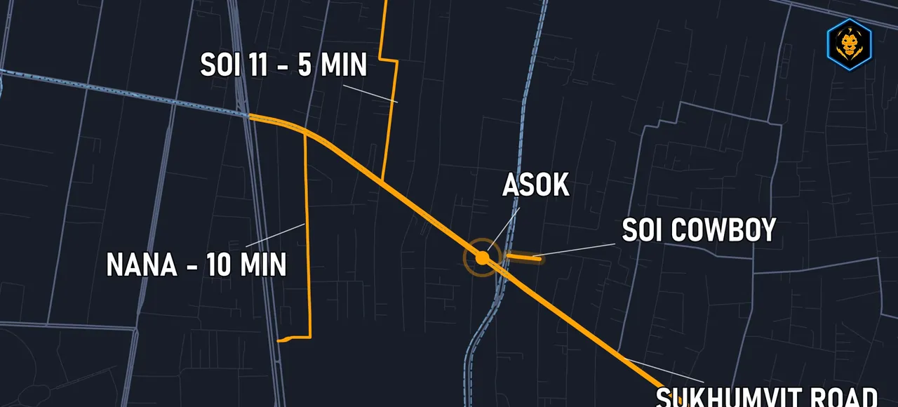 Map of central Bangkok: Asok, Soi Cowboy, Soi 11 five minutes away and Nana ten minutes away along Sukhumvit Road