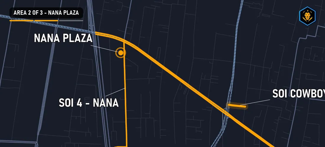 Map of Nana Plaza on Sukhumvit Soi 4 in Bangkok, a walk along Sukhumvit Road from Soi Cowboy