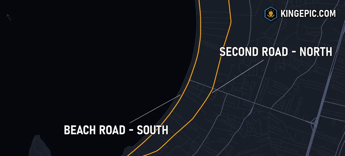 Map of Pattaya: Beach Road runs south along the water, Second Road runs back north one block inland